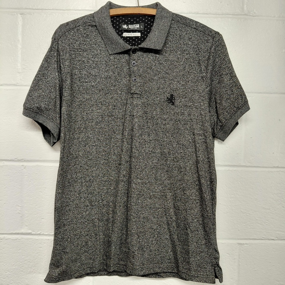 Rugby University Polo Mens Large L Slim Fit Black‎ Heathered Short Sleeve Shirt